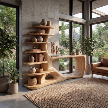 Sculptural Wood Console Table With Tall Display Shelves