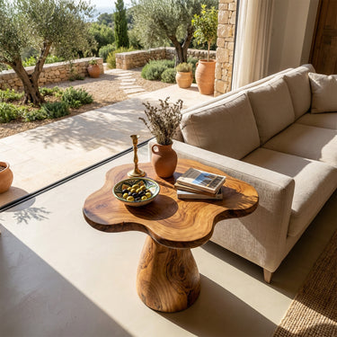 Natural Wood Side Table With Freeform Pedestal Design