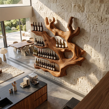 Natural Wood Wall Wine Rack With Sculptural Branch Shelves