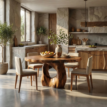 Natural Solid Wood Dining Table with Hollow Sculptural Base