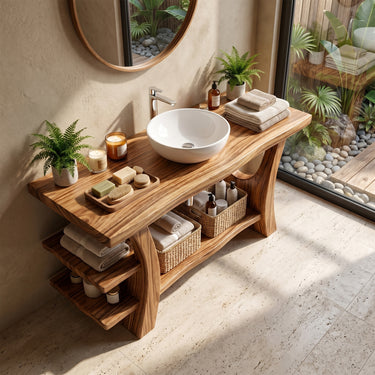 Solid Wood Bathroom Vanity with Tiered Open Shelving