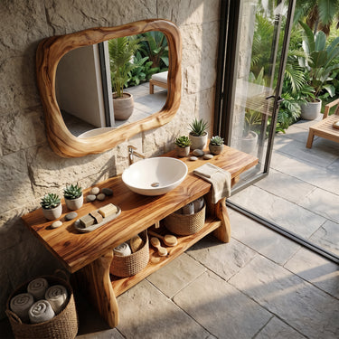 Organic Solid Wood Bathroom Vanity with Curved Open Shelf