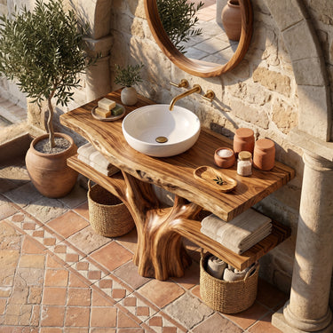 Tree-Inspired Solid Wood Bathroom Vanity with Open Side Shelves
