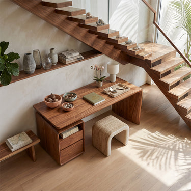 Natural Wood Office Desk With Storage Pedestal