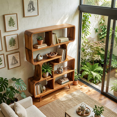 Sculptural Wood Bookshelf With Open Compartments