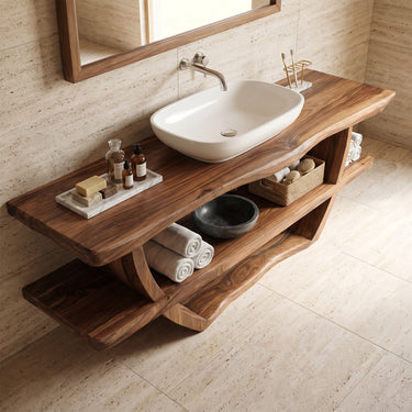 Solid Wood Bathroom Vanity with Double Open Shelf Storage