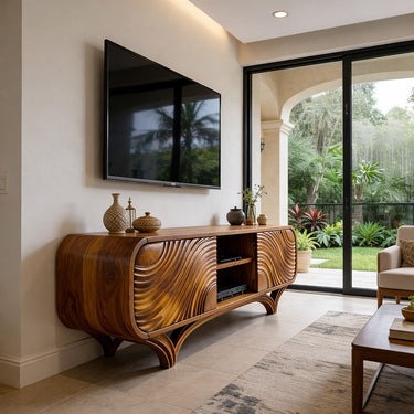 Natural Wood TV Console with Ribbed Wave Texture and Curved Legs