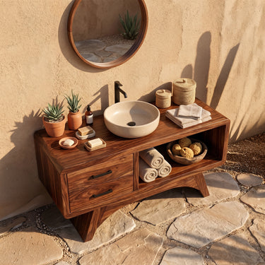 Solid Wood Bathroom Vanity with Drawers and Open Towel Shelf
