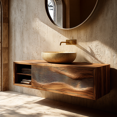 Artisan Wave Carved Solid Wood Floating Vanity with Shelf for Modern Bathroom