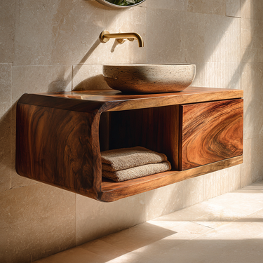 Curved Solid Wood Floating Vanity with Shelf and Drawer for Modern Bathroom