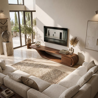 Natural Wood TV Console With Wrapped Loop Cabinet