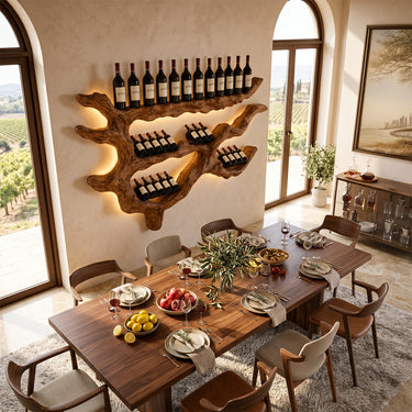 Natural Wood Wall Wine Rack With Cradle Shelves And Lighting