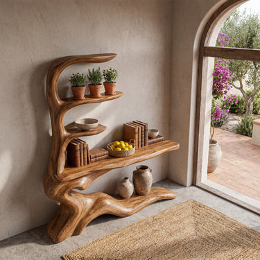 Sculptural Wood Console Table With Floating Display Shelves