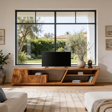 Natural Wood TV Console with Angled Frame and Open Storage Shelves