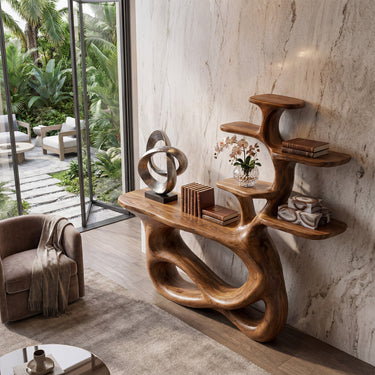 Sculptural Wood Console Table With Tiered Display Shelves