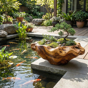 Organic Wood Bonsai Planter Bowl for Zen Pond Garden Styling