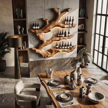 Natural Wood Wall Wine Rack With Branch Shelves