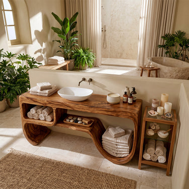 Natural Wood Bathroom Vanity With Flowing Open Base