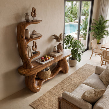 Sculptural Wood Console Table With Arched Display Shelves