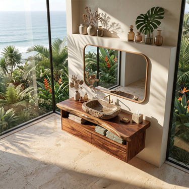 Floating Natural Wood Vanity With Open Shelf And Drawers