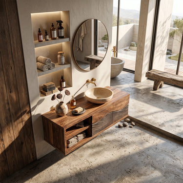Carved Wave Solid Wood Floating Vanity with Storage for Modern Bathroom