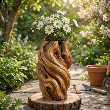 Hand-Carved Solid Wood Flower Vase for Organic Garden Styling