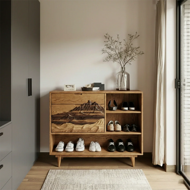 Wooden Shoe Cabinet With Mountain Design for Entryway Storage