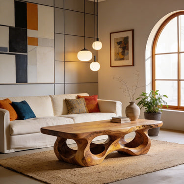 Organic Sculptural Natural Wood Coffee Table with Carved Base