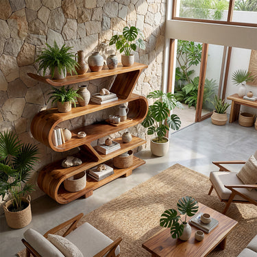 Sculptural Wood Display Shelf With Open Storage