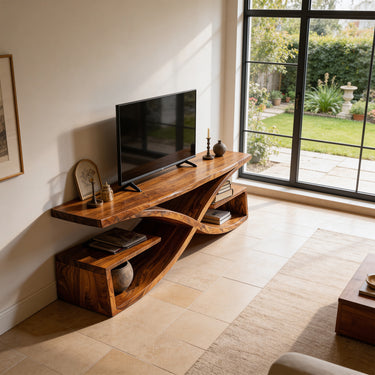Natural Wood TV Console with Sculptural Cross Base and Open Shelves