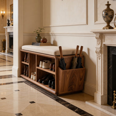 Cushioned Entryway Bench With Shoe And Umbrella Storage