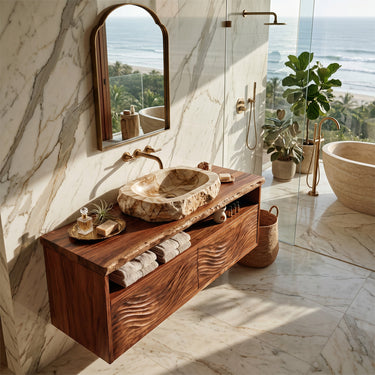 Floating Natural Wood Vanity With Carved Wave Drawers
