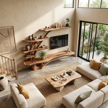 Natural Wood Media Wall Unit With Asymmetric Display Shelves