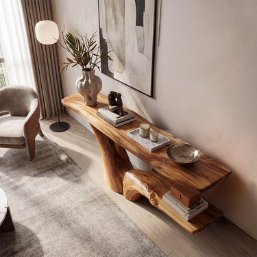 Organic Branch Console Table With Floating Lower Shelf