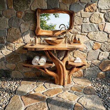 Live Edge Solid Wood Bathroom Vanity with Tree Sculptural Base