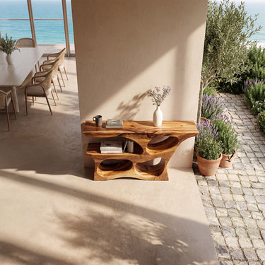 Sculptural Wood Console Table With Two-Tier Open Storage