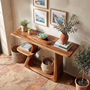 Curved Wood Console Table With Display Shelves for Entryway