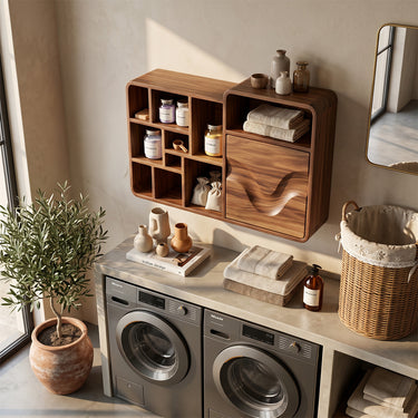 Natural Wood Bathroom Cabinet With Grid Cubbies And Wave Door