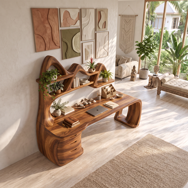 Modern Solid Wood Computer Desk With Three Drawers And Open Display Shelves