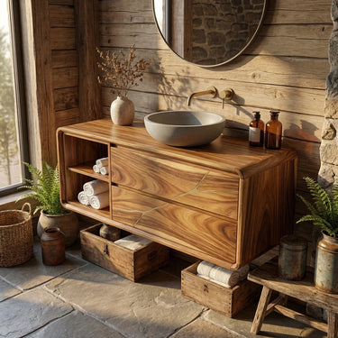 Artisan Solid Wood Vanity with Inlay Detail and Open Shelf Storage