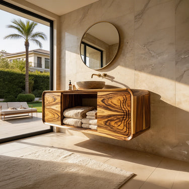 Organic Solid Wood Floating Vanity with Sliding Door Storage