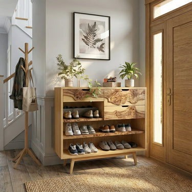 Wood Shoe Cabinet With Live Edge Detail for Entryway