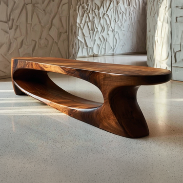 Sculptural Low Wood Bench With Open Carved Base