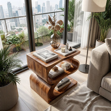 Natural Wood Side Table With Curved Loop Shelf