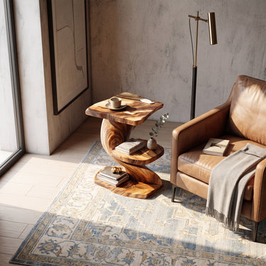 Twisted Wood Side Table with Multi-Level Shelves
