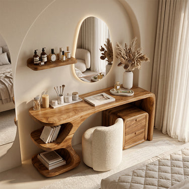 Natural Wood Vanity Table With Curved Shelf And Drawer Storage
