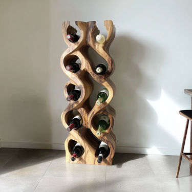 Handcarved Solid Wood Wine Rack Floor Stand Sculptural Bottle Holder