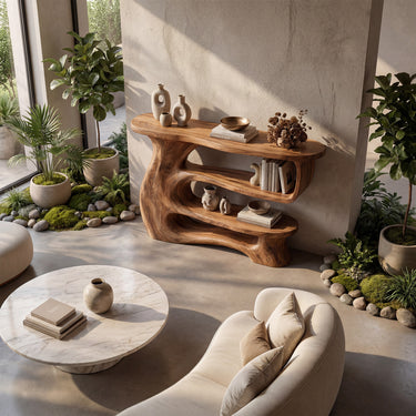 Sculptural Wood Console Table With Rounded Open Shelves