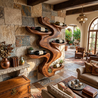 Natural Wood Wall Wine Holder With Sculpted Bottle Cradles