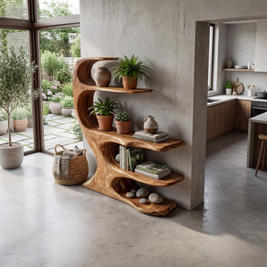 Sculptural Wood Console Table With Organic Open Shelves